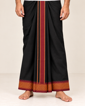 Load image into Gallery viewer, Pure Cotton Black Dhoti with Mayilkan Border and Maroon Accents