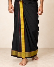 Load image into Gallery viewer, Pure Cotton Black Dhoti with Gold Zari Border and Maroon Accents