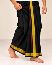Load image into Gallery viewer, Pure Cotton Black Dhoti with Gold Zari Border and Maroon Accents