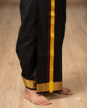 Load image into Gallery viewer, Pure Cotton Black Dhoti with Gold Zari Border and Maroon Accents