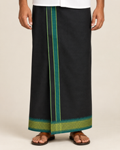 Load image into Gallery viewer, Pure Cotton Black Dhoti with Mayilkan Border and Teal Green Accents