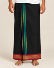 Load image into Gallery viewer, Pure Cotton Black Dhoti with Mayilkan Border and Teal Green Accents