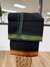 Load image into Gallery viewer, Pure Cotton Black Dhoti with Mayilkan Border and Teal Green Accents