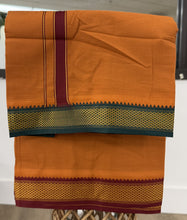 Load image into Gallery viewer, Pure Cotton Dark Kaavi Dhoti with Mayilkan Border and Maroon Accents