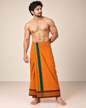 Load image into Gallery viewer, Pure Cotton Dark Kaavi with Mayilkan Border and Teal Green Accents