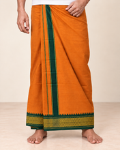 Load image into Gallery viewer, Pure Cotton Dark Kaavi with Mayilkan Border and Teal Green Accents