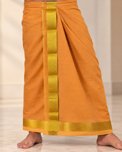 Load image into Gallery viewer, Pure Cotton Medium Kaavi Dhoti with Elegant Gold Zari Border