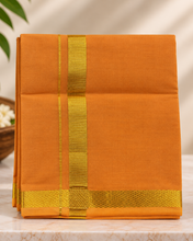 Load image into Gallery viewer, Pure Cotton Medium Kaavi Dhoti with Elegant Gold Zari Border
