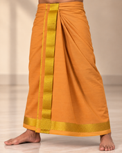 Load image into Gallery viewer, Pure Cotton Medium Kaavi Dhoti with Elegant Gold Zari Border