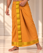 Load image into Gallery viewer, Pure Cotton Medium Kaavi Dhoti with Elegant Gold Zari Border
