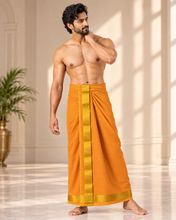 Load image into Gallery viewer, Pure Cotton Medium Kaavi Dhoti with Elegant Gold Zari Border