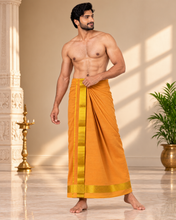 Load image into Gallery viewer, Pure Cotton Medium Kaavi Dhoti with Elegant Gold Zari Border