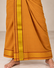 Load image into Gallery viewer, Pure Cotton Medium Kaavi Dhoti with Gold Zari Border and Maroon Accents