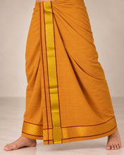 Load image into Gallery viewer, Pure Cotton Medium Kaavi Dhoti with Gold Zari Border and Maroon Accents