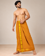 Load image into Gallery viewer, Pure Cotton Medium Kaavi Dhoti with Gold Zari Border and Maroon Accents