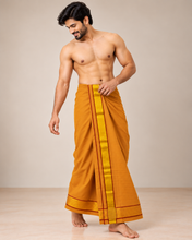 Load image into Gallery viewer, Pure Cotton Medium Kaavi Dhoti with Gold Zari Border and Maroon Accents