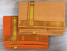 Load image into Gallery viewer, Pure Cotton Medium Kaavi Dhoti with Gold Zari Border and Maroon Accents