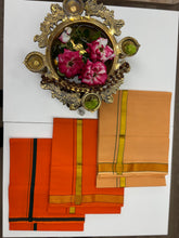 Load image into Gallery viewer, Pure Cotton Saffron Orange Dhoti with Gold Zari Border and  Teal Green Accents