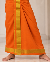 Load image into Gallery viewer, Pure Cotton Saffron Orange Dhoti with Elegant Gold Zari Border