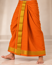 Load image into Gallery viewer, Pure Cotton Saffron Orange Dhoti with Elegant Gold Zari Border