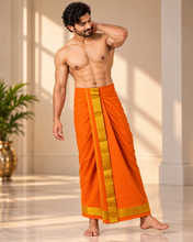 Load image into Gallery viewer, Pure Cotton Saffron Orange Dhoti with Elegant Gold Zari Border