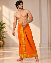 Load image into Gallery viewer, Pure Cotton Saffron Orange Dhoti with Elegant Gold Zari Border