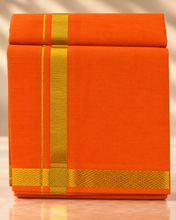 Load image into Gallery viewer, Pure Cotton Saffron Orange Dhoti with Elegant Gold Zari Border