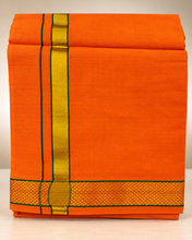 Load image into Gallery viewer, Pure Cotton Saffron Orange Dhoti with Gold Zari Border and  Teal Green Accents