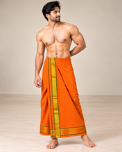 Load image into Gallery viewer, Pure Cotton Saffron Orange Dhoti with Gold Zari Border and  Teal Green Accents