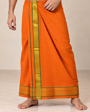 Load image into Gallery viewer, Pure Cotton Saffron Orange Dhoti with Gold Zari Border and  Teal Green Accents