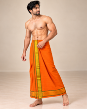 Load image into Gallery viewer, Pure Cotton Saffron Orange Dhoti with Gold Zari Border and  Teal Green Accents