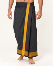 Load image into Gallery viewer, Pure Cotton Black Velcro Pocket Dhoti – Gold Zari Border with Maroon Accents