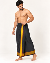 Load image into Gallery viewer, Pure Cotton Black Velcro Pocket Dhoti – Gold Zari Border with Maroon Accents