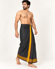 Load image into Gallery viewer, Pure Cotton Black Velcro Pocket Dhoti – Gold Zari Border with Maroon Accents