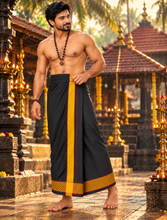 Load image into Gallery viewer, Pure Cotton Black Velcro Pocket Dhoti – Gold Zari Border with Maroon Accents