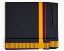 Load image into Gallery viewer, Pure Cotton Black Velcro Pocket Dhoti – Gold Zari Border with Maroon Accents