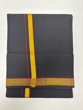 Load image into Gallery viewer, Men&#39;s Pure Cotton Single Layer Black Dhoti with Angavastram (Towel) - Gold Jari Mayilkhan Border