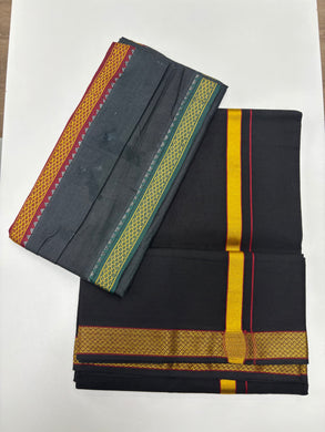 Men's Pure Cotton Single Layer Black Dhoti with Angavastram (Towel) - Gold Jari Mayilkhan Border