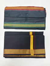Load image into Gallery viewer, Men&#39;s Pure Cotton Single Layer Black Dhoti with Angavastram (Towel) - Gold Jari Mayilkhan Border