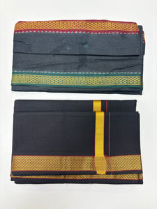 Men's Pure Cotton Single Layer Black Dhoti with Angavastram (Towel) - Gold Jari Mayilkhan Border