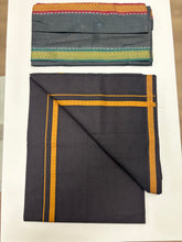 Load image into Gallery viewer, Men&#39;s Pure Cotton Single Layer Black Dhoti with Angavastram (Towel) - Gold Jari Border