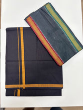 Load image into Gallery viewer, Men&#39;s Pure Cotton Single Layer Black Dhoti with Angavastram (Towel) - Gold Jari Border