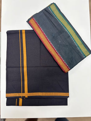 Men's Pure Cotton Single Layer Black Dhoti with Angavastram (Towel) - Gold Jari Border