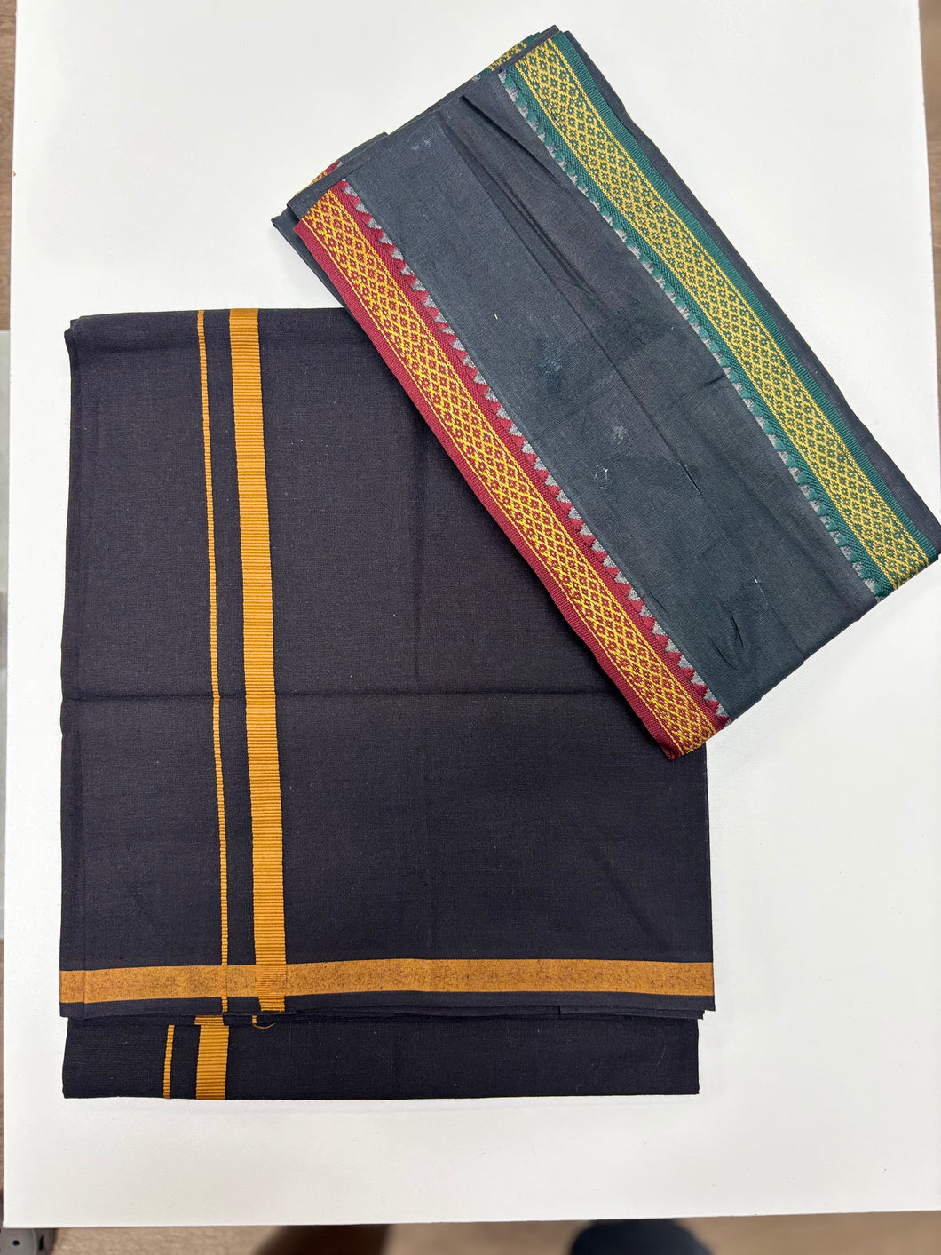 Men's Pure Cotton Single Layer Black Dhoti with Angavastram (Towel) - Gold Jari Border