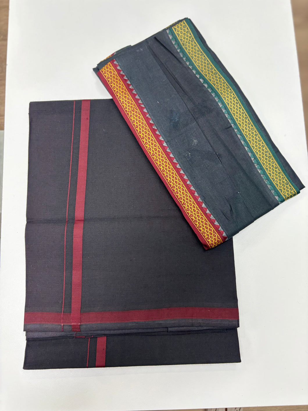 Men's Pure Cotton Single Layer Black Dhoti with Angavastram (Towel)