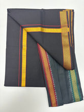Load image into Gallery viewer, Men&#39;s Pure Cotton Single Layer Black Dhoti with Angavastram (Towel) - Gold Jari Mayilkhan Border