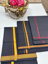Load image into Gallery viewer, Men&#39;s Pure Cotton Single Layer Black Dhoti with Angavastram (Towel) - Gold Jari Mayilkhan Border