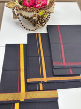 Load image into Gallery viewer, Men&#39;s Pure Cotton Single Layer Black Dhoti with Angavastram (Towel) - Gold Jari Border