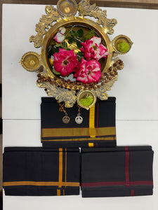Men's Pure Cotton Single Layer Black Dhoti with Angavastram (Towel) - Gold Jari Mayilkhan Border
