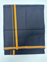 Load image into Gallery viewer, Men&#39;s Pure Cotton Single Layer Black Dhoti with Angavastram (Towel) - Gold Jari Border